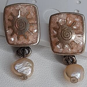 Vtg "OOP 97 Ster." signed Pearl Inlay 925 Sterling Silver SUN Post Earrings pink